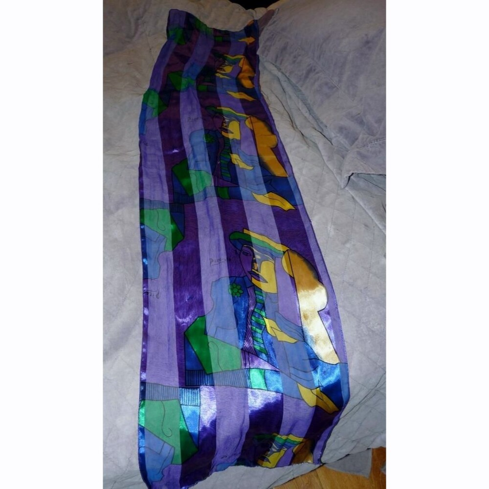 Long rectangle Picasso Cubist Scarf Portrait Purple Yellow sheer stripes 14"x57"